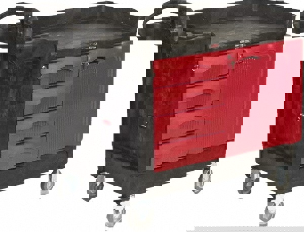 TradeMaster Cart with One Door, Plastic, 3 Shelves, 4 Drawers, 750 lb Capacity, 26.25